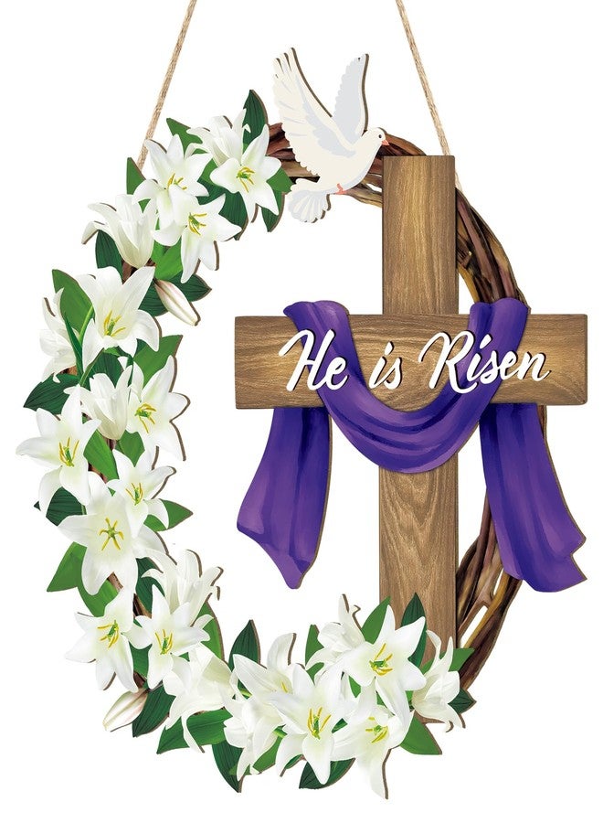 Sophena He is Risen Easter Decoration Wooden Wreaths for Front Door Sign Cross Sign Door Wall Signs, Christian Jesus Lily Flowers Ornaments Hanging Crafts for Spring Home Farmhouse Party Porch Decor - Image 1