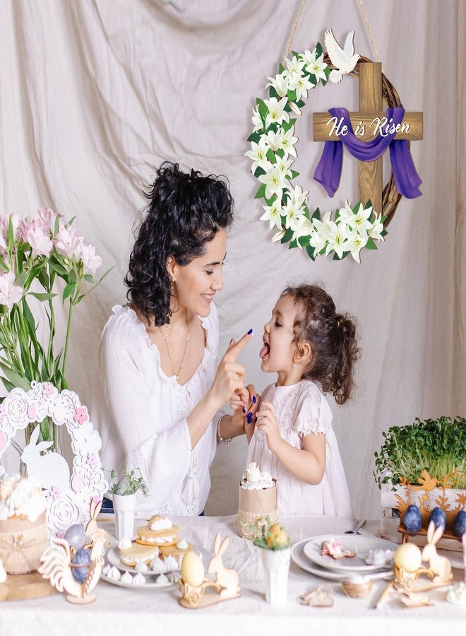 Sophena He is Risen Easter Decoration Wooden Wreaths for Front Door Sign Cross Sign Door Wall Signs, Christian Jesus Lily Flowers Ornaments Hanging Crafts for Spring Home Farmhouse Party Porch Decor - Image 3