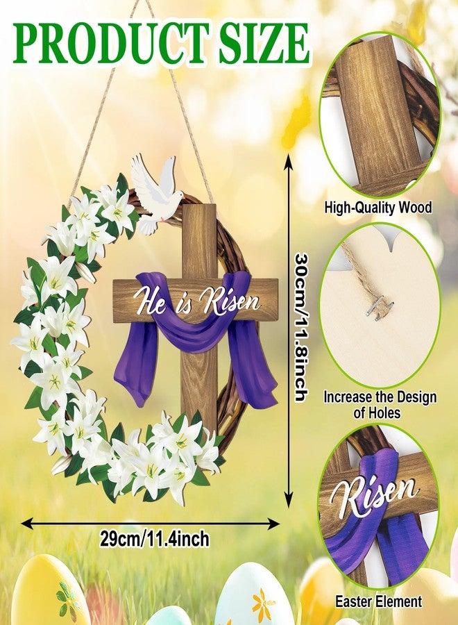Sophena He is Risen Easter Decoration Wooden Wreaths for Front Door Sign Cross Sign Door Wall Signs, Christian Jesus Lily Flowers Ornaments Hanging Crafts for Spring Home Farmhouse Party Porch Decor - Image 5