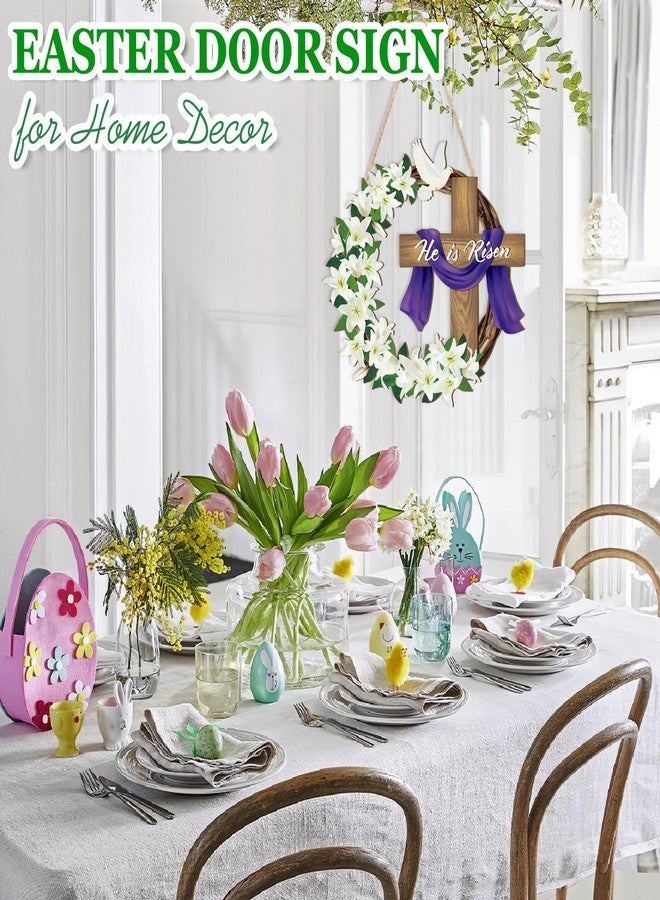 Sophena He is Risen Easter Decoration Wooden Wreaths for Front Door Sign Cross Sign Door Wall Signs, Christian Jesus Lily Flowers Ornaments Hanging Crafts for Spring Home Farmhouse Party Porch Decor - Image 4
