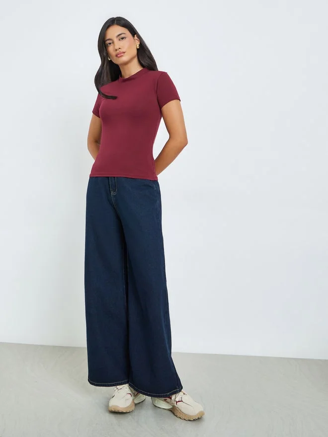 Styli Styli Burgundy Cotton Stretch Fitted T-Shirt