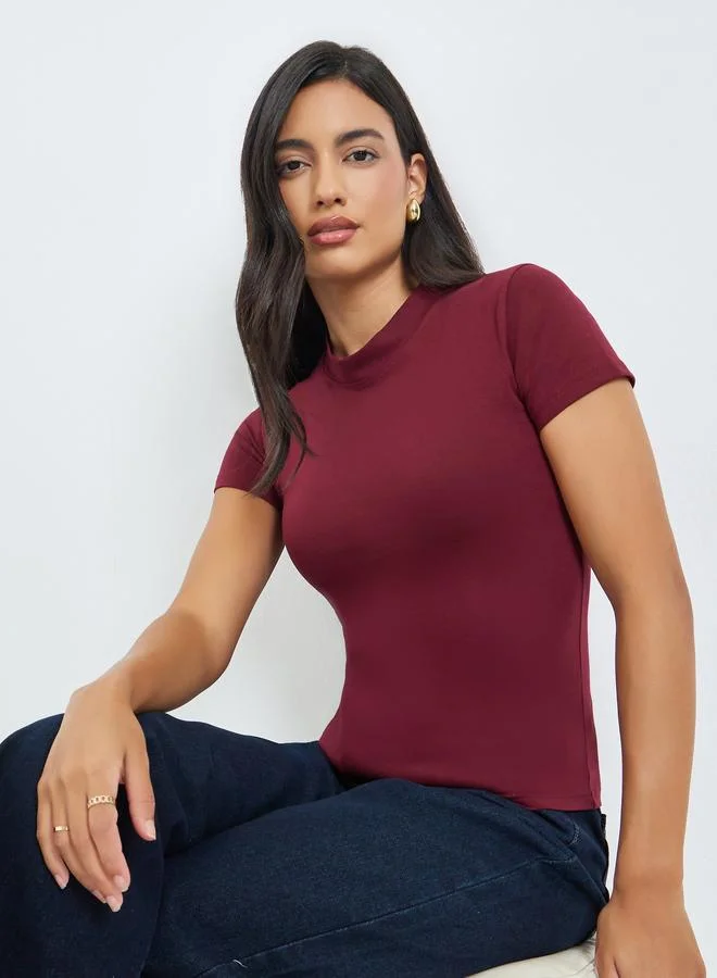 Styli Styli Burgundy Cotton Stretch Fitted T-Shirt
