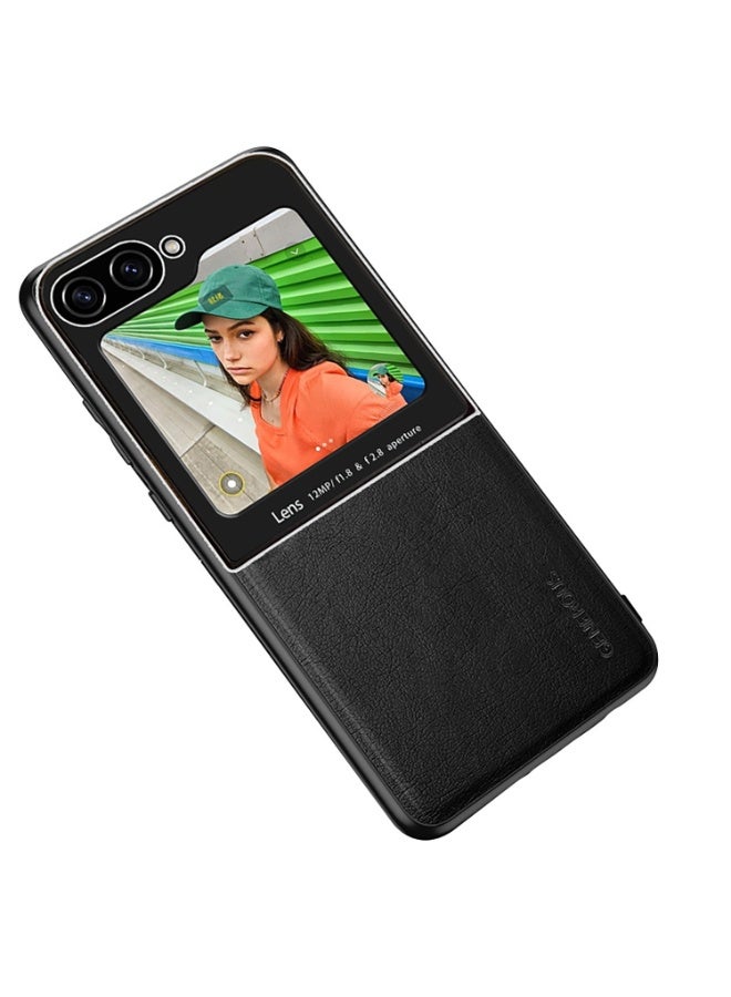 Case Compatible With Samsung Galaxy Z Flip 6, Cover Luxury Leather And Glass With Car Magnetic Holder Phone Cover Soft Frame Silicone - black