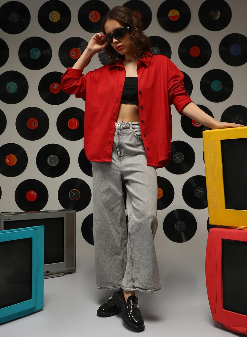 Campus Sutra Red Women's Scarlet Red Solid Oversized Shirt for Women | Best Price UAE