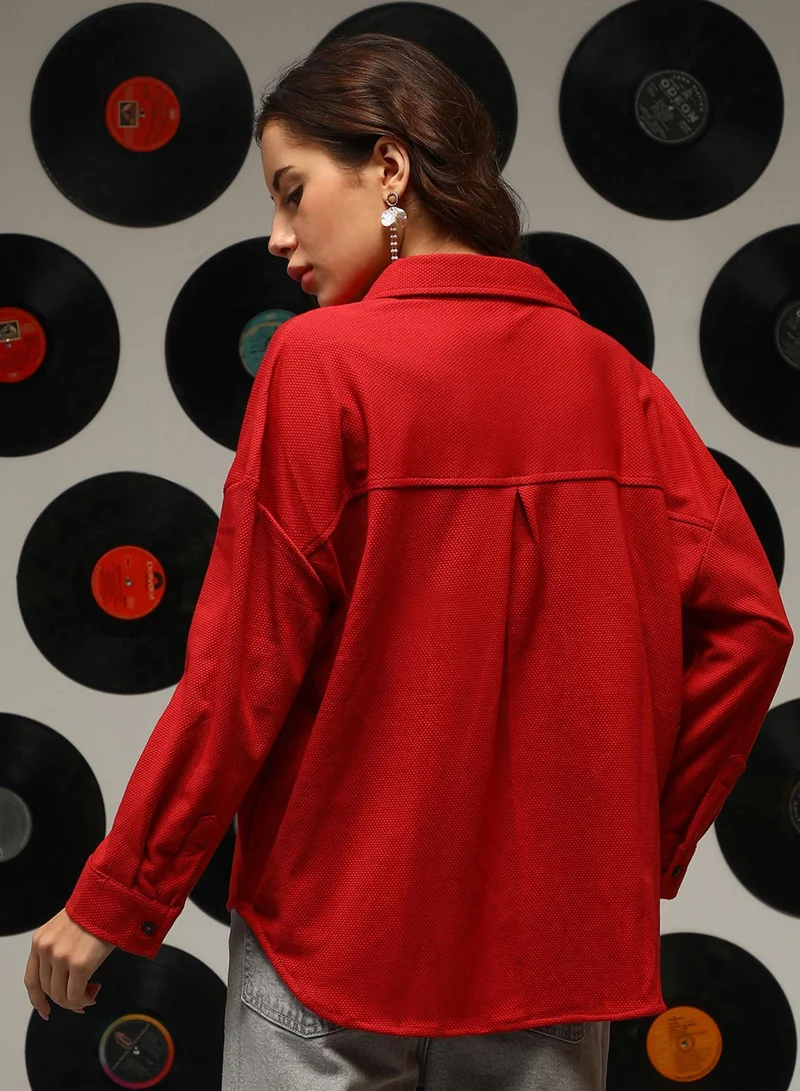Campus Sutra Red Women's Scarlet Red Solid Oversized Shirt for Women | Best Price UAE