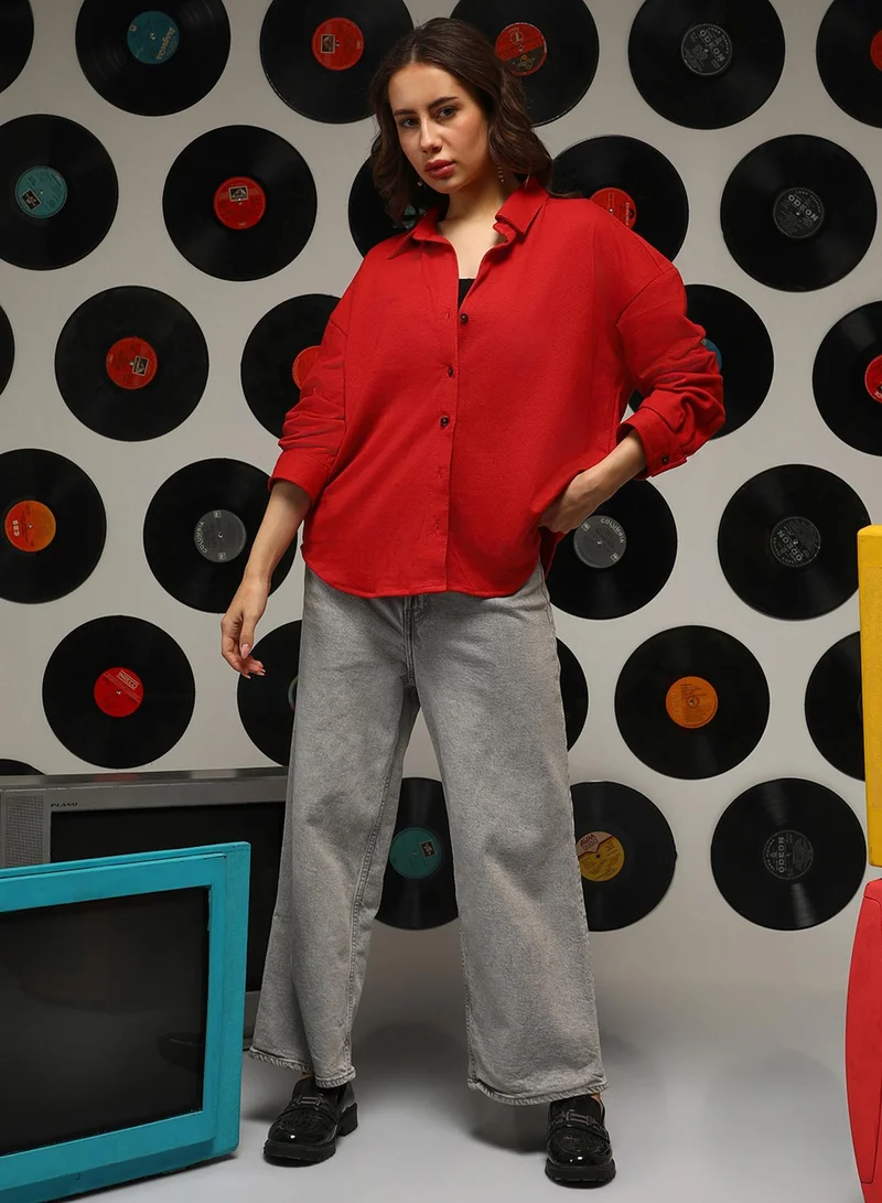 Campus Sutra Red Women's Scarlet Red Solid Oversized Shirt for Women | Best Price UAE