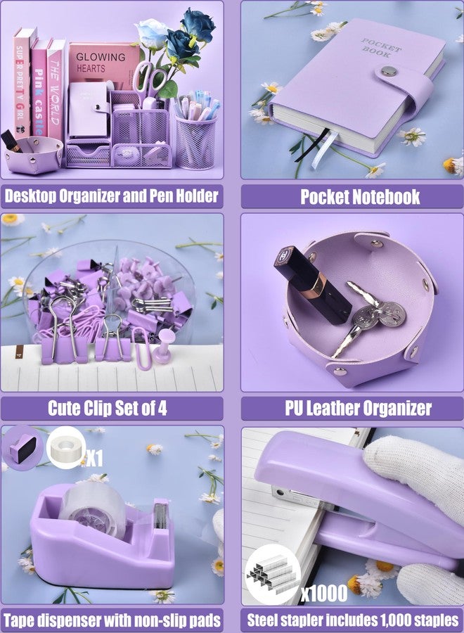 LXEVIHK Purple Desk Accessories, 26Pcs Office Supplies and Desk Organizers, with Tape Dispenser, Stapler, Staple Remover Ect, Gift Box Packaging - Image 4