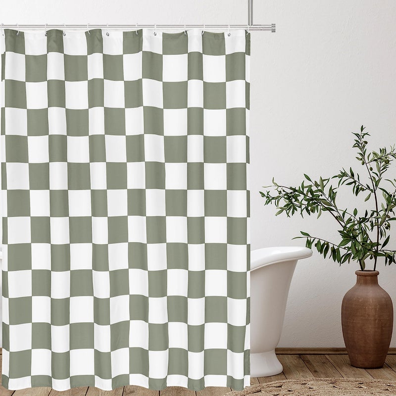 Tititex Aesthetic Checkerboard Grid Pattern Faux Linen Fabric Shower Curtain White Sage Green Modern Shower Curtain Sets Decoration 71x71 Inch with 12 Hooks