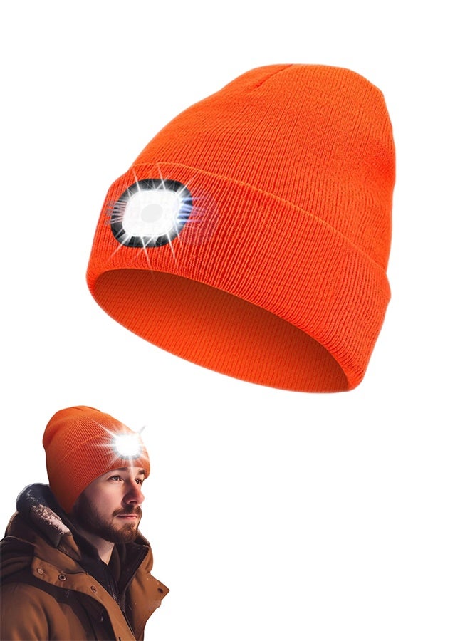 Beanie with Light, Unisex Hat with Light, 3 Modes Rechargeable Headlamp Beanie, Removable LED Flashlight Hat for Running, Camping, Hunting, Cycling, Night Activities, Gifts for Men & Women (Orange) - Image 1