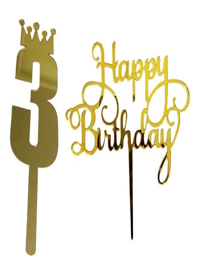 MOREL Gold Color Number 3 Cake Topper with Happy Birthday Topper for Birthday Decorate Kids Cake Flags for Girl/Boys/Kids. - Image 1