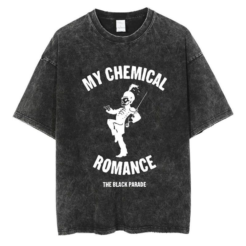 Washed T-Shirt Romantic T-Shirt Short Sleeve My Hip-Hop Cotton Black Rock Music Chemical Men'S And Women'S Team Punk - Image 1