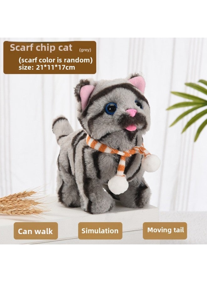 Electric Plush Kitten Toy Walking Talking Moving Machine Realistic Cat Pet Children's Gift Toy Fluffy Kitty Plaything-Specifications: Scarf Chip Cat (gray Bar) - Image 1