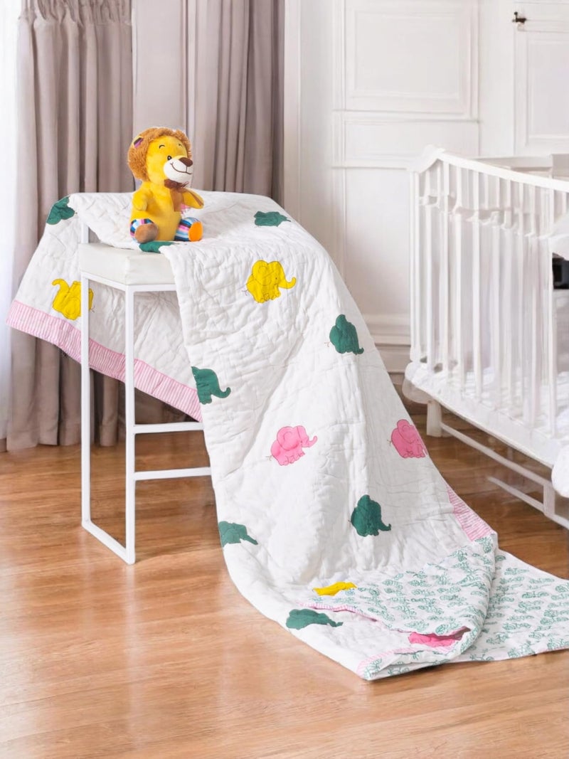 Feels Like Home Handcrafted Home Linen Feels Like Home Baby Quilt - Baby Elephant Cotton Baby Super Soft Lightweight Reversible All Season Use Comforter AC Blanket Baby Wrap for Kids, 60 x 90 Inch (0-5 Years) - Image 1