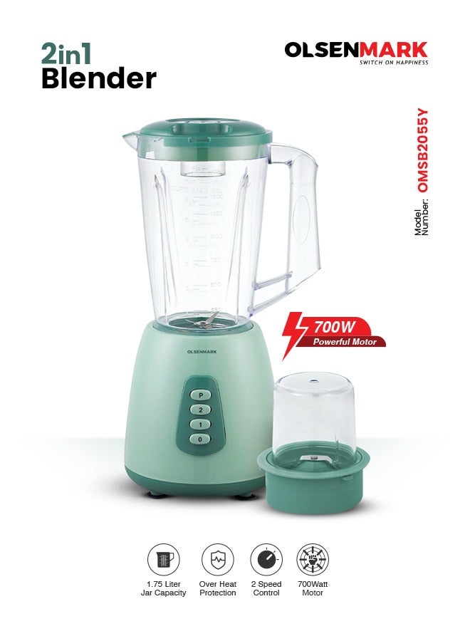 Olsenmark 2-in-1 Blender with Grinder | 700W Powerful Motor, 2 Speed Settings + Pulse | 1.75L Unbreakable Jar | Stainless Steel Blades | Smoothies, Milkshakes, Spices & Nut Grinding 1.75 L 700 W OMSB2055Y green - Image 1