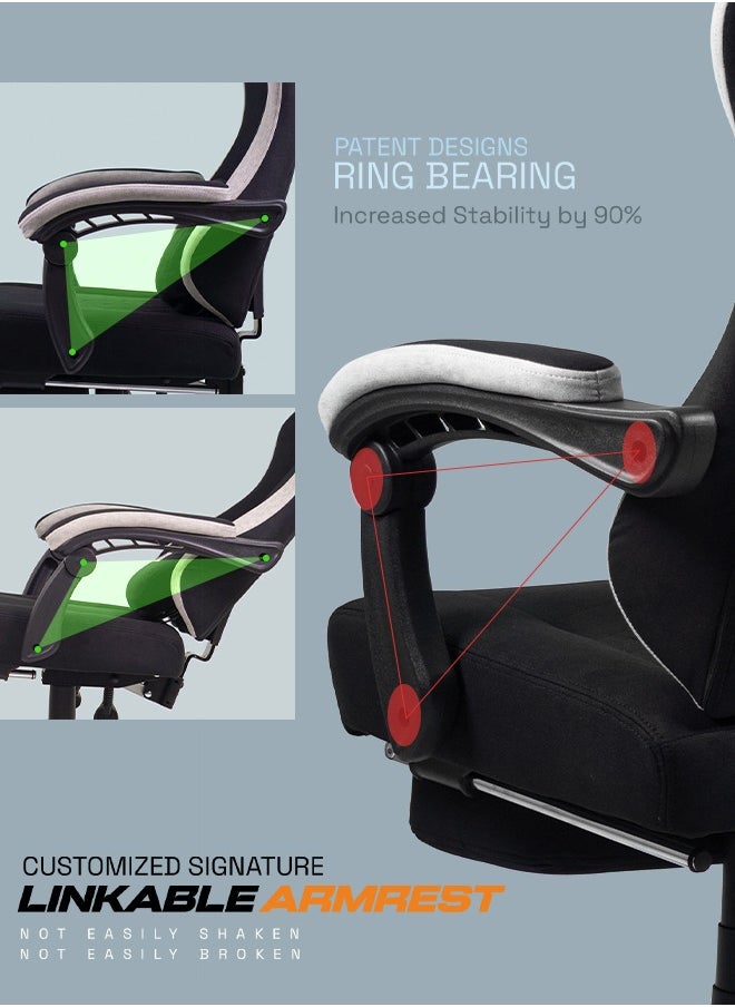 DROGO Throne Ergonomic Gaming Chair, Video Game Chair with Linkage Armrest, Footrest & Adjustable Seat Computer Chair with Fabric, Head & Massager Lumbar Pillow Home & Office Chair with Recline Black  - Image 2