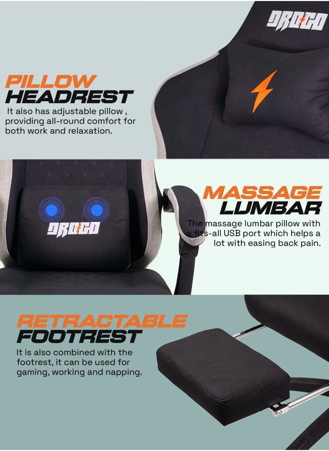 DROGO Throne Ergonomic Gaming Chair, Video Game Chair with Linkage Armrest, Footrest & Adjustable Seat Computer Chair with Fabric, Head & Massager Lumbar Pillow Home & Office Chair with Recline Black  - Image 4