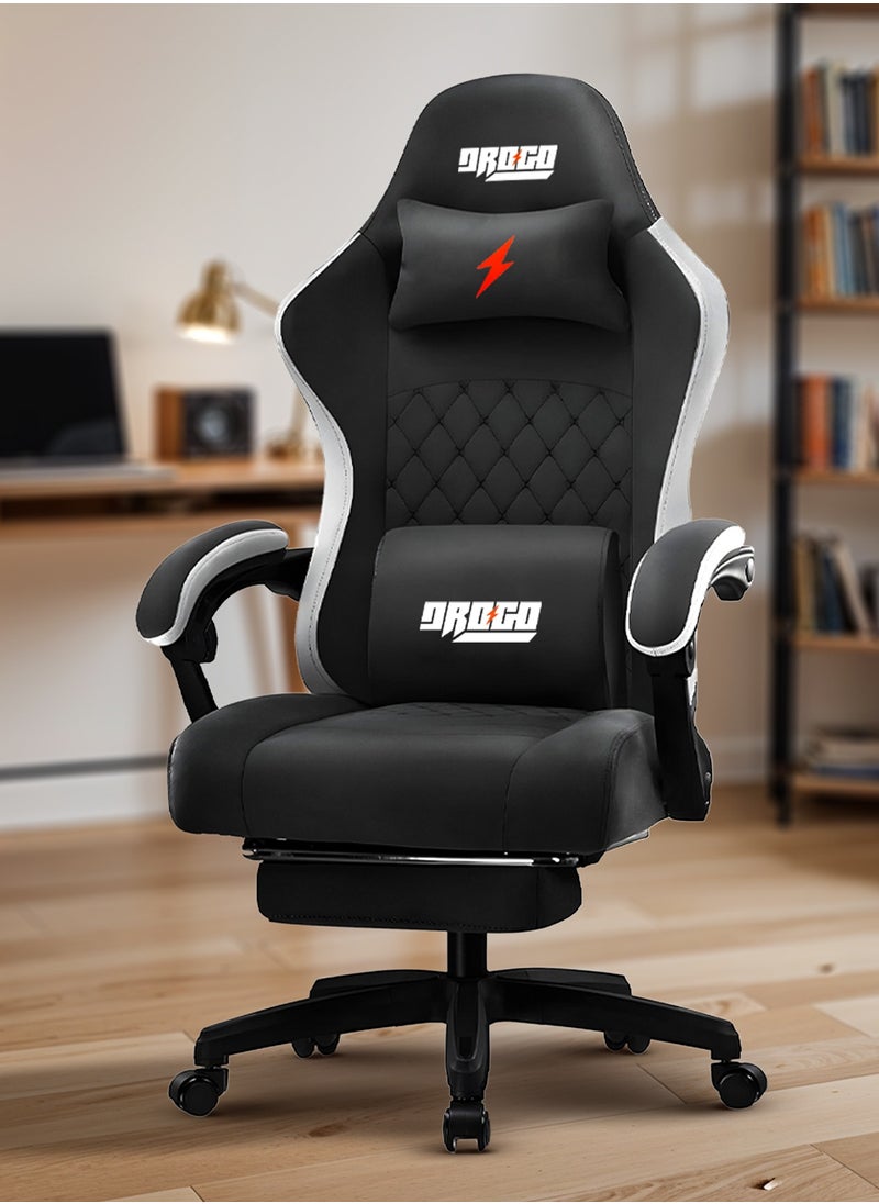 DROGO Throne Ergonomic Gaming Chair, Video Game Chair with Linkage Armrest, Footrest & Adjustable Seat Computer Chair with Fabric, Head & Massager Lumbar Pillow Home & Office Chair with Recline Black  - Image 1