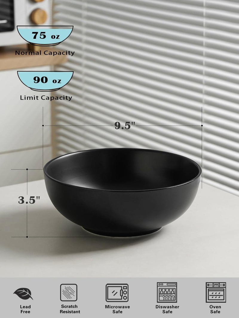 Kanwone Large Serving Bowls - 9.5 inch, 90oz Ceramic Salad Bowls, Fruit Bowls, Pasta, Soup Bowls, Set of 2, Serving Bowls for Entertaining, Microwave and Dishwasher Safe, Matte Black - Image 2