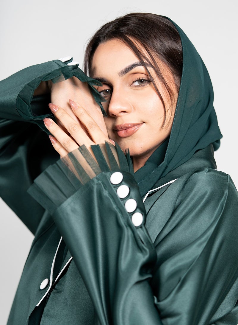 Noor Zara Elegant Green Collared Abaya - Modest Fashion, Long Sleeve Islamic Dress with Buttoned Collar  - Image 1