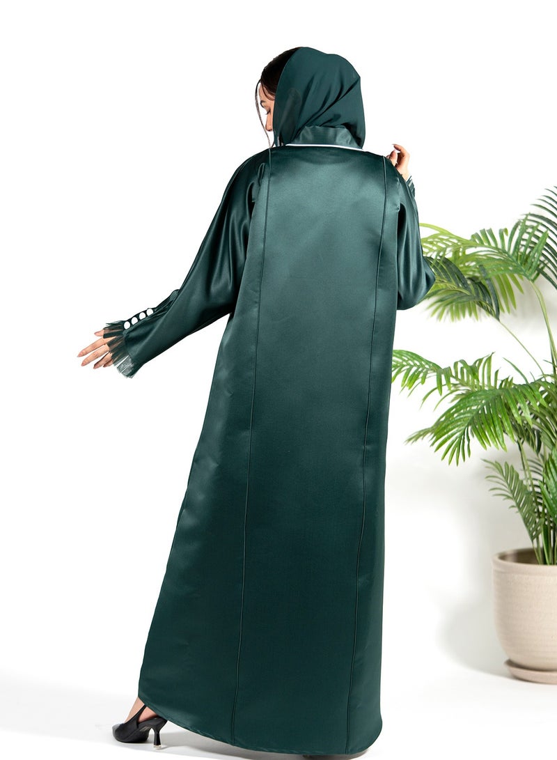 Noor Zara Elegant Green Collared Abaya - Modest Fashion, Long Sleeve Islamic Dress with Buttoned Collar  - Image 4