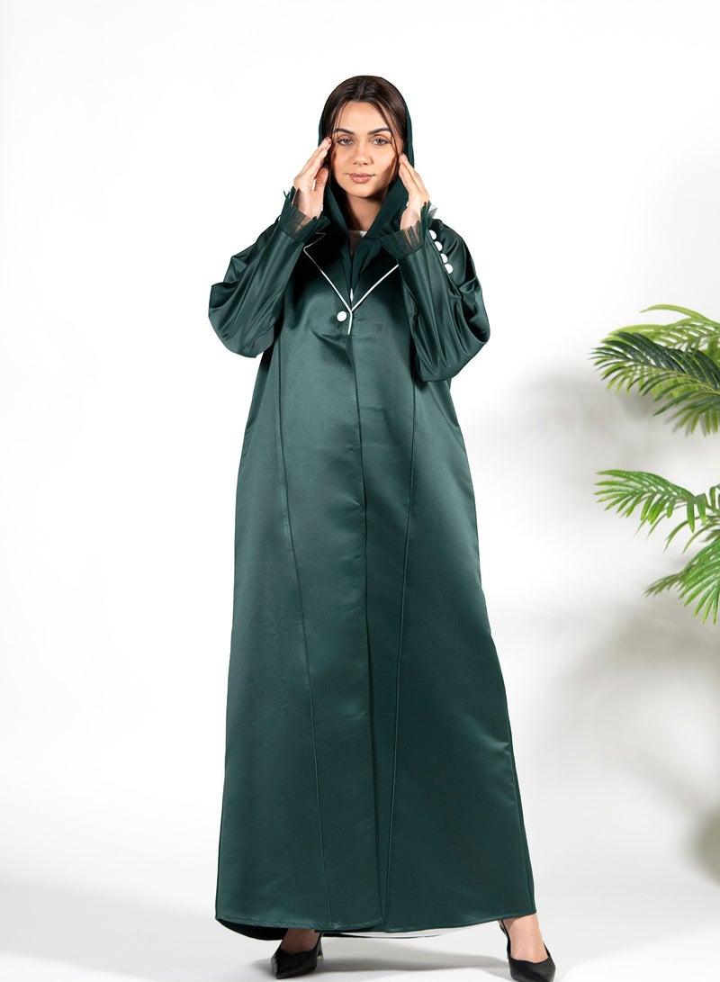 Noor Zara Elegant Green Collared Abaya - Modest Fashion, Long Sleeve Islamic Dress with Buttoned Collar  - Image 3