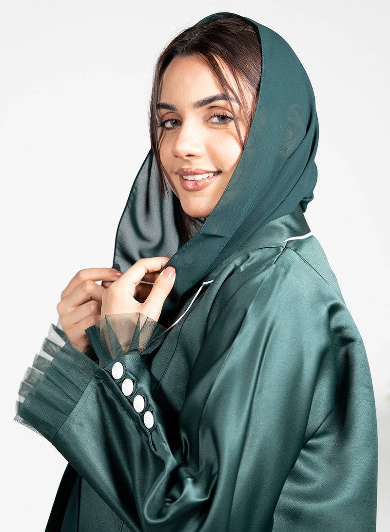 Noor Zara Elegant Green Collared Abaya - Modest Fashion, Long Sleeve Islamic Dress with Buttoned Collar  - Image 2