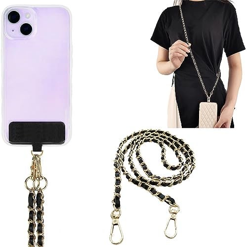 WISKA Cell Phone Lanyard Crossbody Hanging Chain Mobile Holder Sling Around Neck to Carry iPhone & Smartphone with Detachable Crossbody Shoulder Neck Strap for Girls Braided Gold Chain (Black) - Image 1
