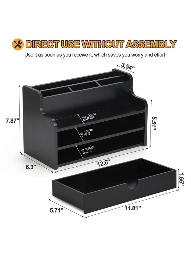 Dhmkfly Mail Organizer Countertop, 4 Slots Desk Organizer with Drawer and Shelf, Wooden Mail Sorter for Desk, Desktop File Holders for Storage Pens, Envelopes and Bills - Image 2