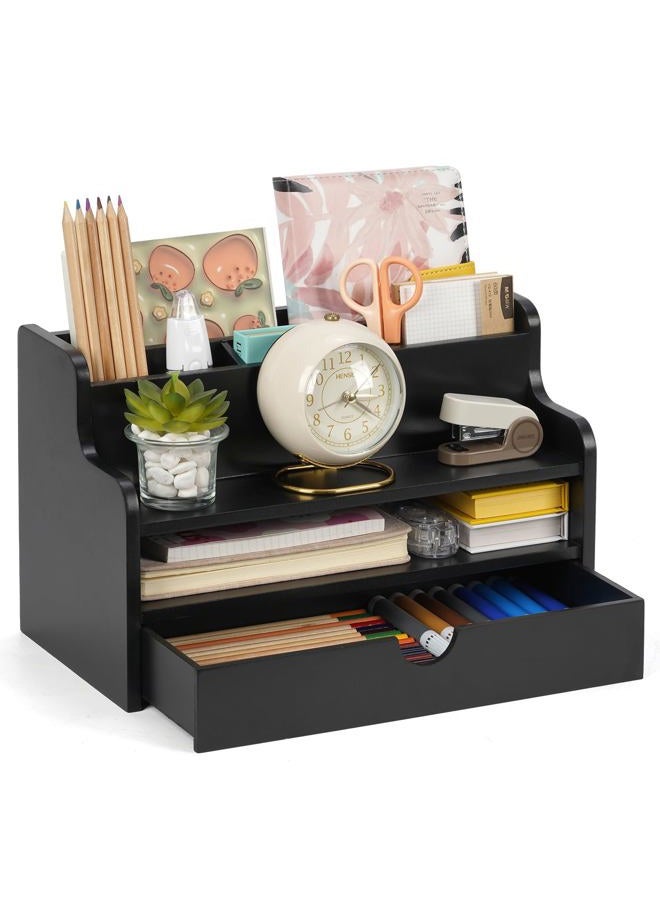 Dhmkfly Mail Organizer Countertop, 4 Slots Desk Organizer with Drawer and Shelf, Wooden Mail Sorter for Desk, Desktop File Holders for Storage Pens, Envelopes and Bills - Image 1