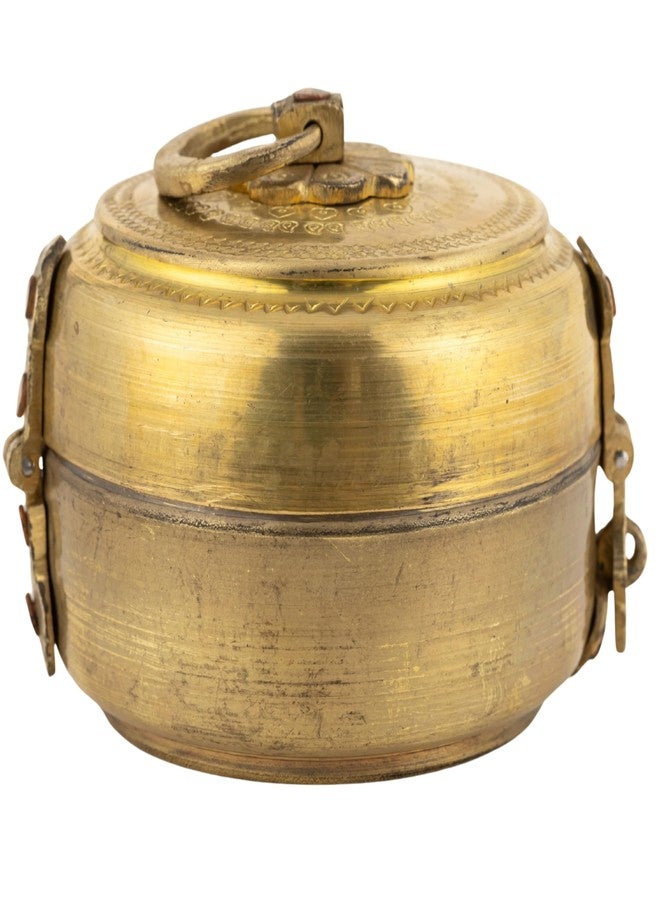 Rhapsodically Made Handcrafted Antique Brass Katordan | Unique Vintage Round Shape Small Storage Box with Handle | Multi-Use Decorative Brass Container for Home, Pooja, Kitchen & Gifting | 9x9x9 cm - Image 2
