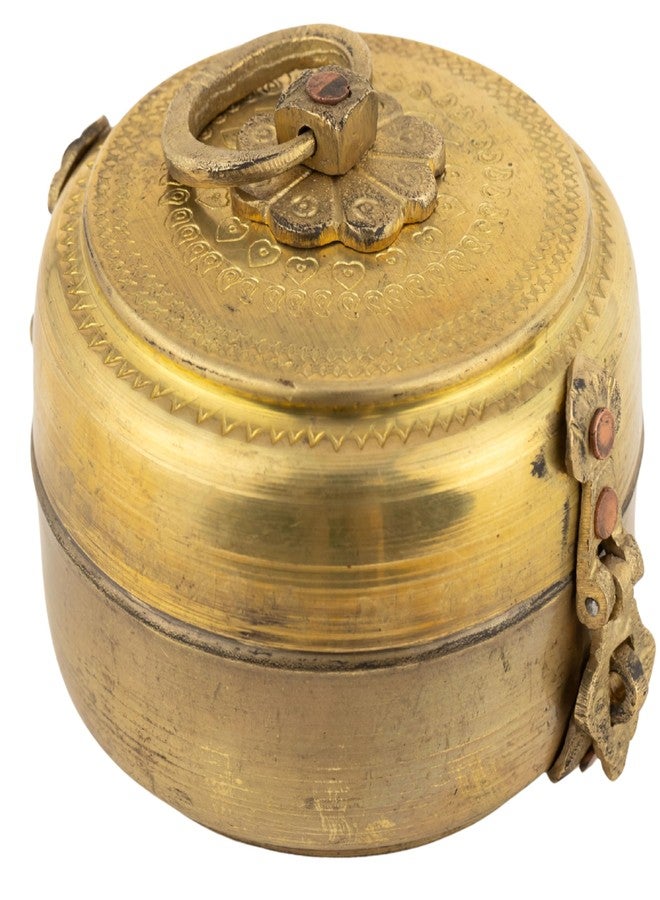 Rhapsodically Made Handcrafted Antique Brass Katordan | Unique Vintage Round Shape Small Storage Box with Handle | Multi-Use Decorative Brass Container for Home, Pooja, Kitchen & Gifting | 9x9x9 cm - Image 5