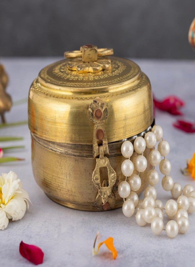 Rhapsodically Made Handcrafted Antique Brass Katordan | Unique Vintage Round Shape Small Storage Box with Handle | Multi-Use Decorative Brass Container for Home, Pooja, Kitchen & Gifting | 9x9x9 cm - Image 3
