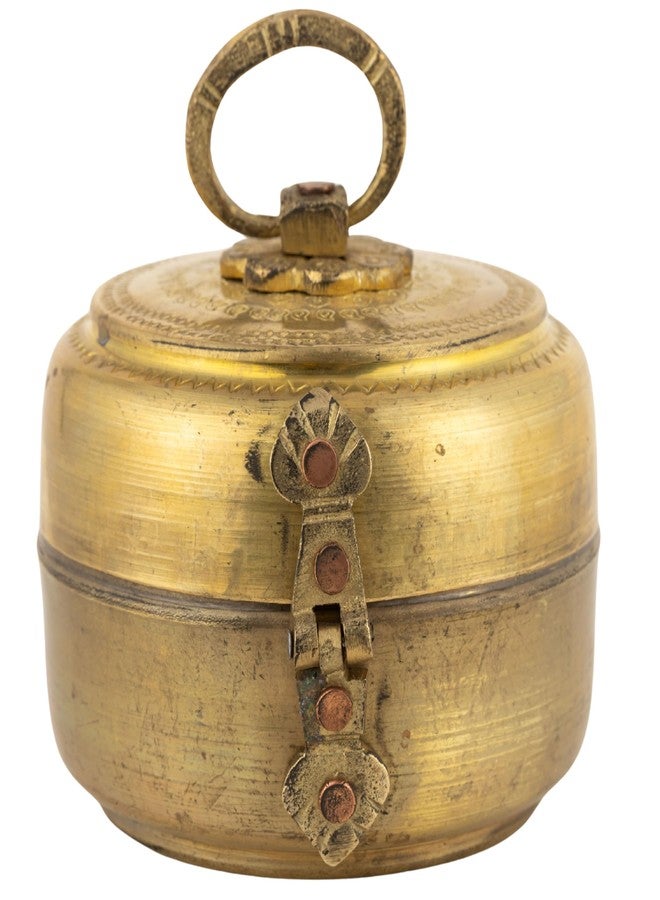 Rhapsodically Made Handcrafted Antique Brass Katordan | Unique Vintage Round Shape Small Storage Box with Handle | Multi-Use Decorative Brass Container for Home, Pooja, Kitchen & Gifting | 9x9x9 cm - Image 1
