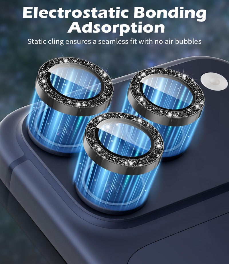 imluckies Camera Lens Protector for iPhone 17 Pro/ iPhone 17 Pro Max/ iPhone 16 Pro/ iPhone 16 Pro Max, AR+AF Tempered Glass & 9H Hardness Shatterproof, HD Clear Metal Sparkle Lens Cover with Installation Tray 2025, Bling Black - Image 2