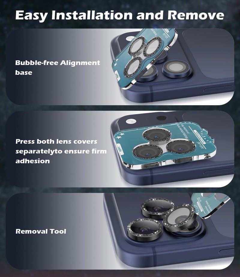 imluckies Camera Lens Protector for iPhone 17 Pro/ iPhone 17 Pro Max/ iPhone 16 Pro/ iPhone 16 Pro Max, AR+AF Tempered Glass & 9H Hardness Shatterproof, HD Clear Metal Sparkle Lens Cover with Installation Tray 2025, Bling Black - Image 5