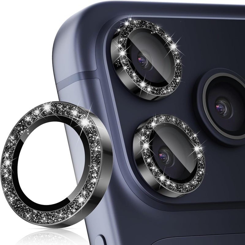 imluckies Camera Lens Protector for iPhone 17 Pro/ iPhone 17 Pro Max/ iPhone 16 Pro/ iPhone 16 Pro Max, AR+AF Tempered Glass & 9H Hardness Shatterproof, HD Clear Metal Sparkle Lens Cover with Installation Tray 2025, Bling Black - Image 1