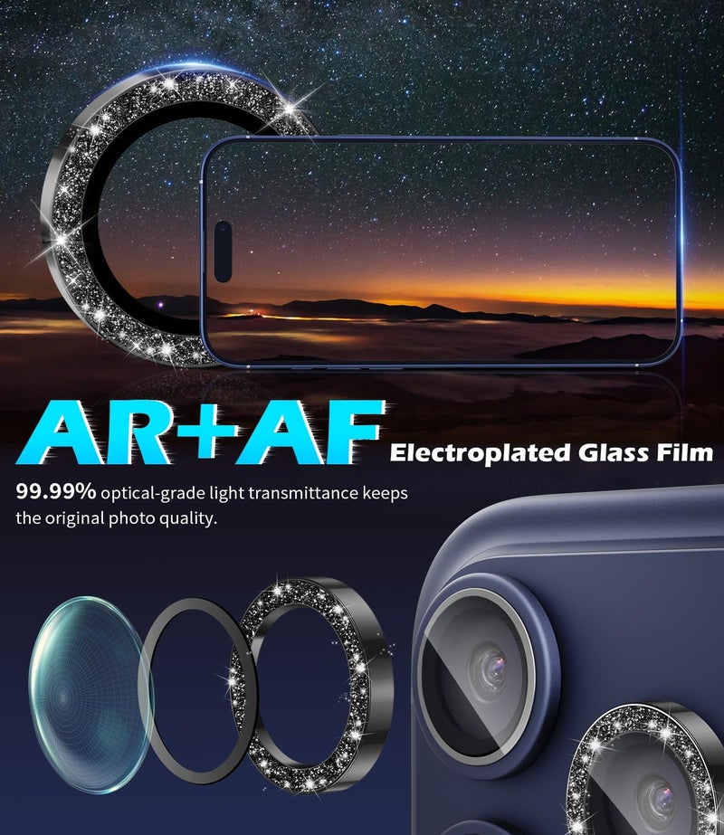 imluckies Camera Lens Protector for iPhone 17 Pro/ iPhone 17 Pro Max/ iPhone 16 Pro/ iPhone 16 Pro Max, AR+AF Tempered Glass & 9H Hardness Shatterproof, HD Clear Metal Sparkle Lens Cover with Installation Tray 2025, Bling Black - Image 4