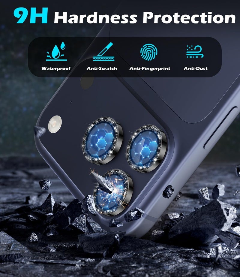 imluckies Camera Lens Protector for iPhone 17 Pro/ iPhone 17 Pro Max/ iPhone 16 Pro/ iPhone 16 Pro Max, AR+AF Tempered Glass & 9H Hardness Shatterproof, HD Clear Metal Sparkle Lens Cover with Installation Tray 2025, Bling Black - Image 3