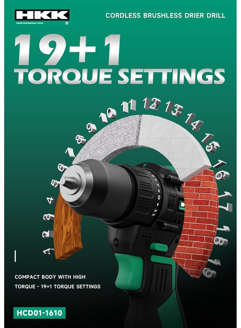 HKK مثقاب لاسلكي 16 فولت - بطارية 2000 مللي أمبير، عزم دوران 50 نيوتن.م، 19+1 إعداد، سرعتين (0-400/1400 دورة في الدقيقة)، أقصى حفر 10 مم - للحفر في الخشب وقيادة البراغي - Image 5