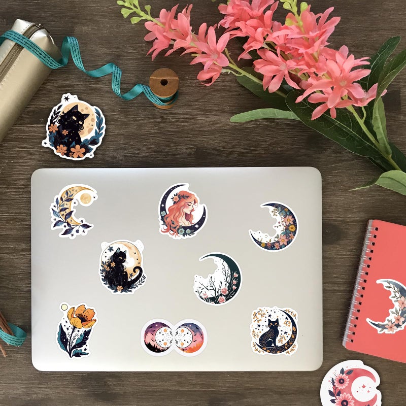 Pigbit 50Pcs Boho Cottagecore Moon Art Stickers - Aesthetic Vintage Moon Flower Cat Stickers for Water Bottles, Laptops, Journals, Scrapbooking - Image 4