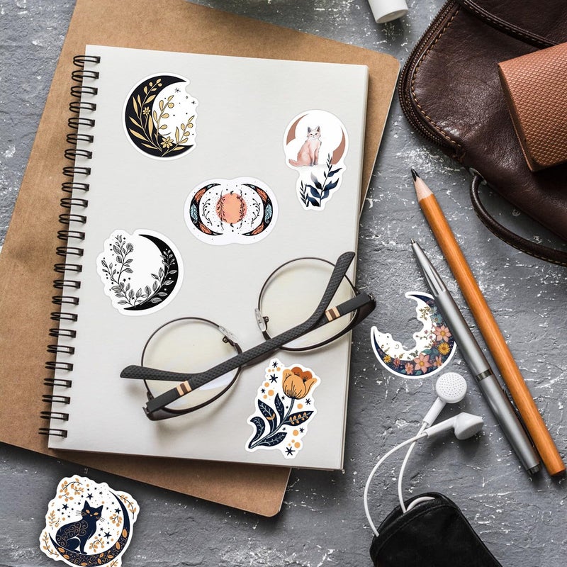 Pigbit 50Pcs Boho Cottagecore Moon Art Stickers - Aesthetic Vintage Moon Flower Cat Stickers for Water Bottles, Laptops, Journals, Scrapbooking - Image 5