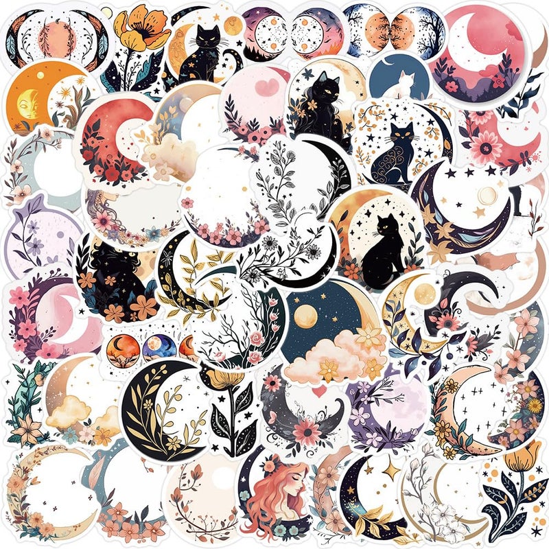 Pigbit 50Pcs Boho Cottagecore Moon Art Stickers - Aesthetic Vintage Moon Flower Cat Stickers for Water Bottles, Laptops, Journals, Scrapbooking - Image 1