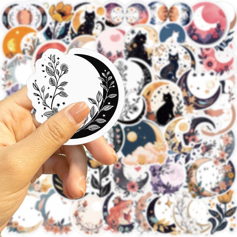 Pigbit 50Pcs Boho Cottagecore Moon Art Stickers - Aesthetic Vintage Moon Flower Cat Stickers for Water Bottles, Laptops, Journals, Scrapbooking - Image 3