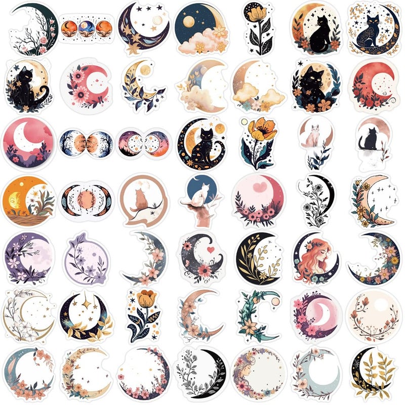 Pigbit 50Pcs Boho Cottagecore Moon Art Stickers - Aesthetic Vintage Moon Flower Cat Stickers for Water Bottles, Laptops, Journals, Scrapbooking - Image 2