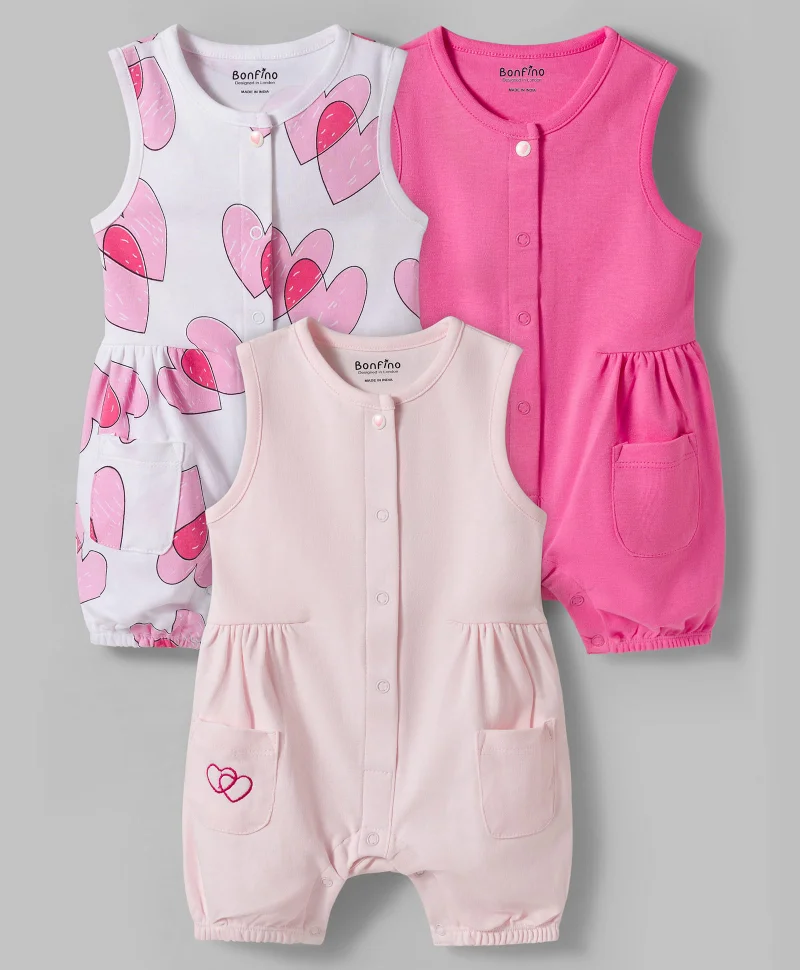 Bonfino Bonfino 3-Pack 100% Cotton All Over Printed and Solid Colour Sleeveless Rompers - White/Pink