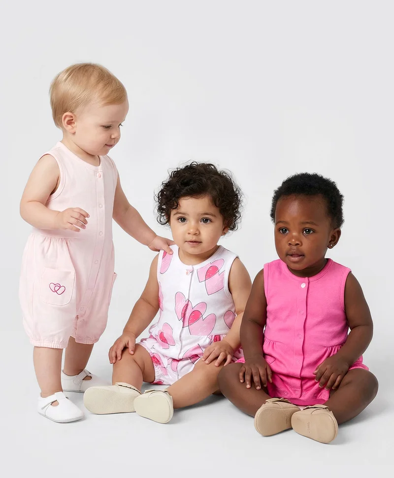 Bonfino Bonfino 3-Pack 100% Cotton All Over Printed and Solid Colour Sleeveless Rompers - White/Pink