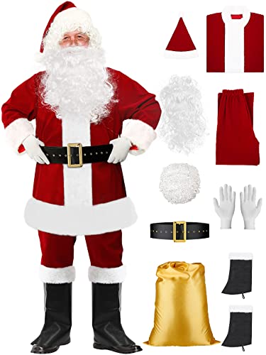 Mojonnie Santa Claus Costume for Men Christmas 9PCS Santa Suit Adults Deluxe Velvet Santa Costume for Men - Image 1