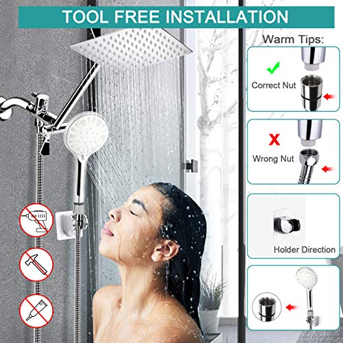 Tudoccy Shower Head, 12 Inch High Pressure Rainfall Shower Head/Handheld Shower Combo with 11 Inch Extension Arm, 9 Settings Adjustable Anti-leak Shower Head with Holder/Hose, Height/Angle Adjustable - Image 2