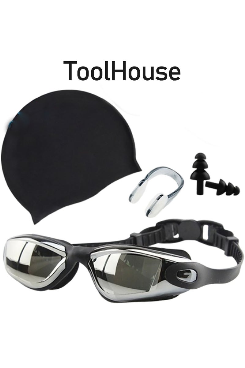 ToolHouse 4 Piece Silicone Swimming Goggles set, Swimming Goggles for Adult , with Silicone Swimming Cap, Earplugs and Nose Clip, Waterproof and Fog-proof, Suitable for Training, Competition and Leisure Swimming - Image 1