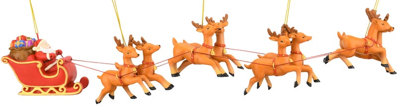 Tree Buddees Large 5 Piece Hand Painted Full Santas Sleigh and 8 Reindeer Christmas Ornaments Set  175 Inches Long